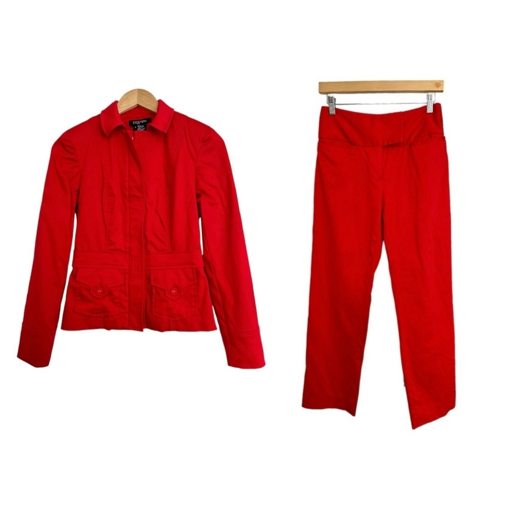 Etcetera Red Two Piece Pant Suit Jacket Full Zip Cotton Spandex Career  Size 0
